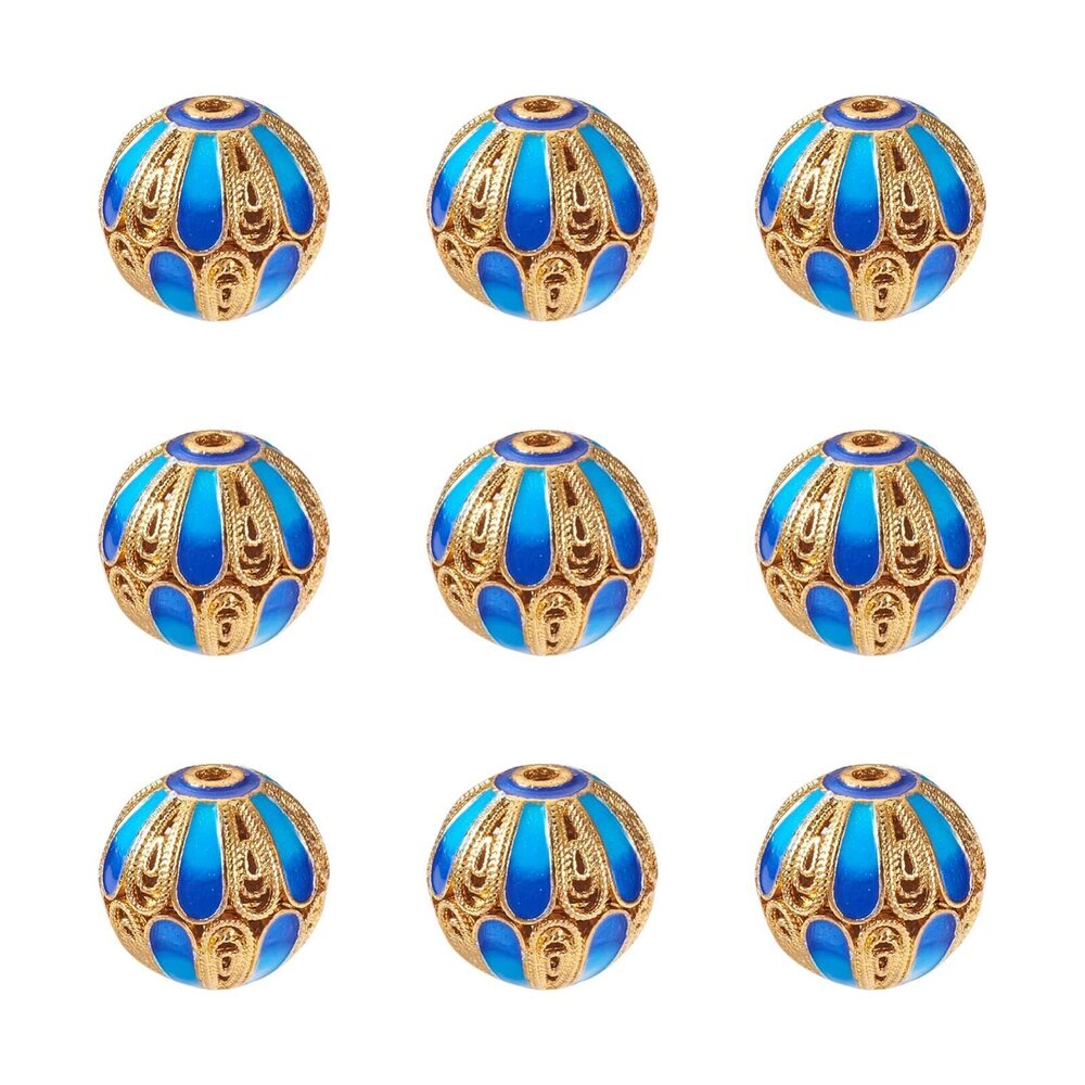 1106 Pandahall 10pcs 15mm Round Brass Enamel Beads DeepSkyBlue Metal